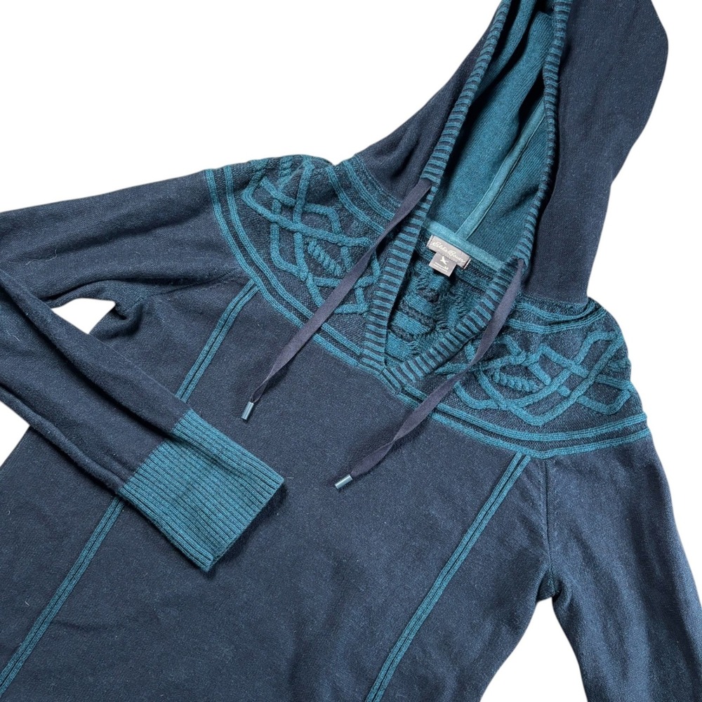 Eddie Bauer Womens Navy Teal Celtic Knot Hooded Pullover Sweater Sz M Fair Isle